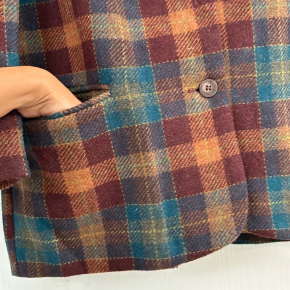 Vintage Brandon Thomas Plaid Wool Multicolor Jacket Tan Leather Collar Size L - Picture 5 of 9